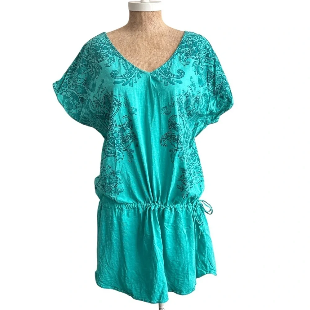 PrAna Teal Paisley Organic Cotton Drawstring Tunic Dress | XL | Boho Beach